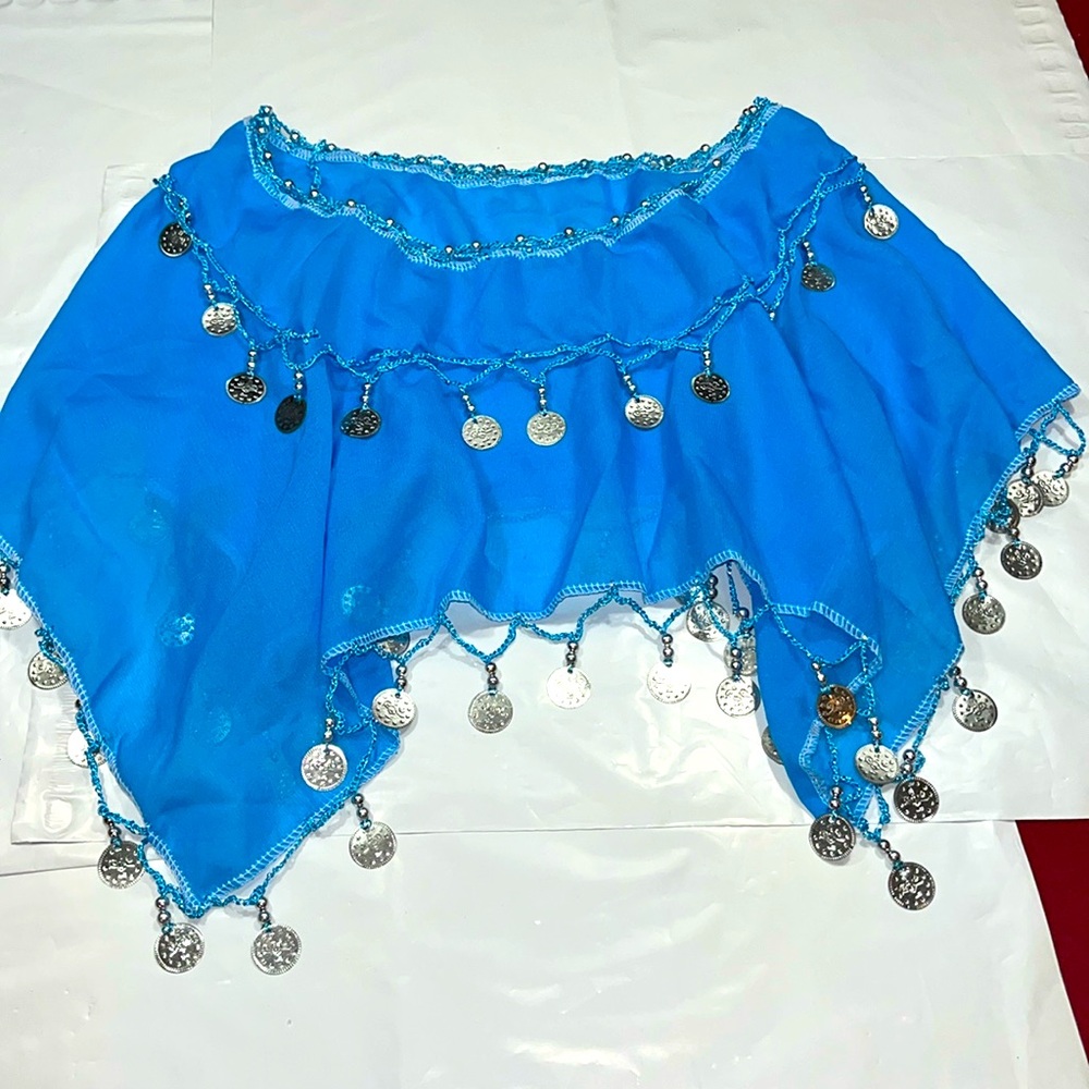 BLUE silver COIN belly dancer SKIRT teen pull on dancer costume skirt turquoise